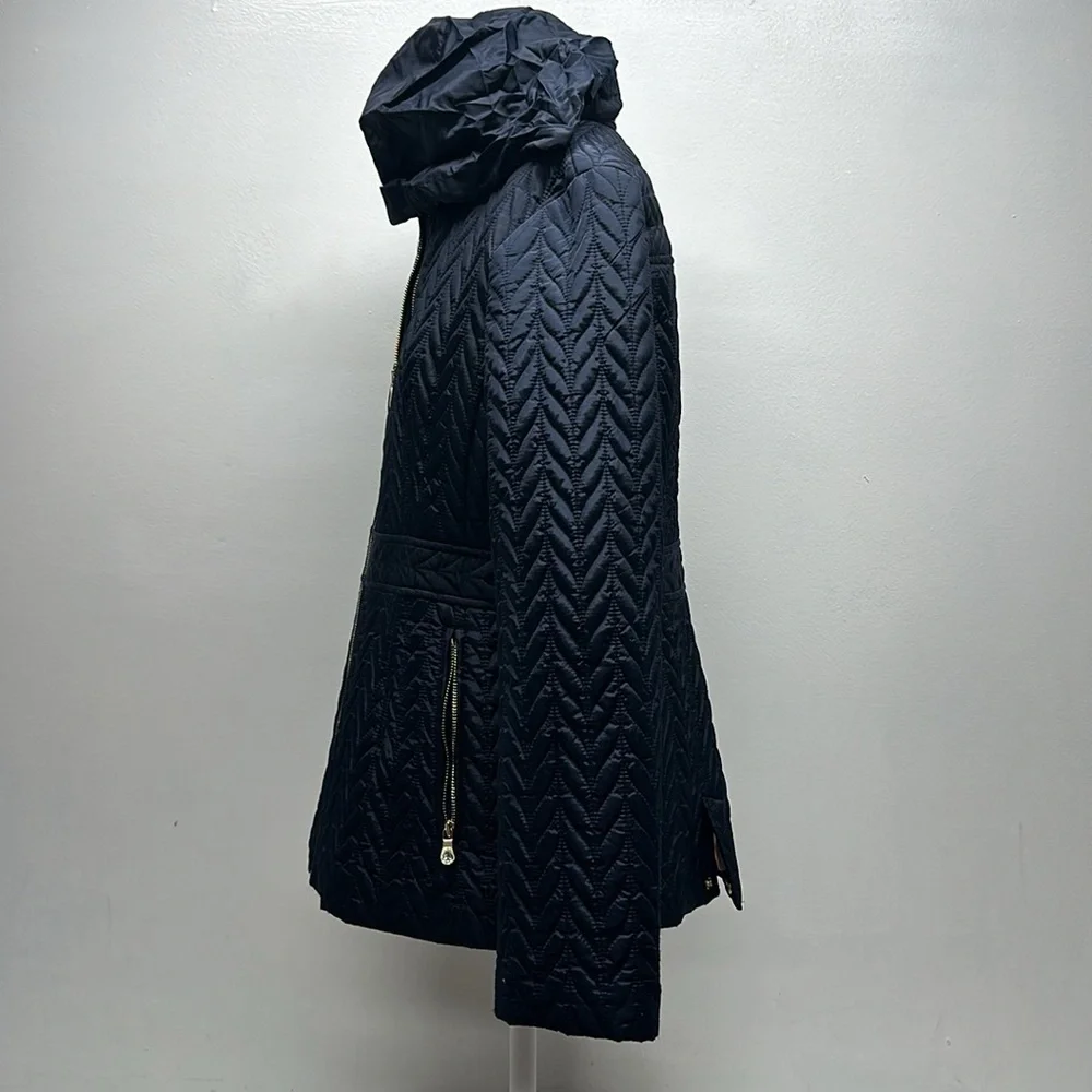 Kate Spade Jacket Coat Chevron Quilted Full Zip Hooded Navy Blue Size M Medium